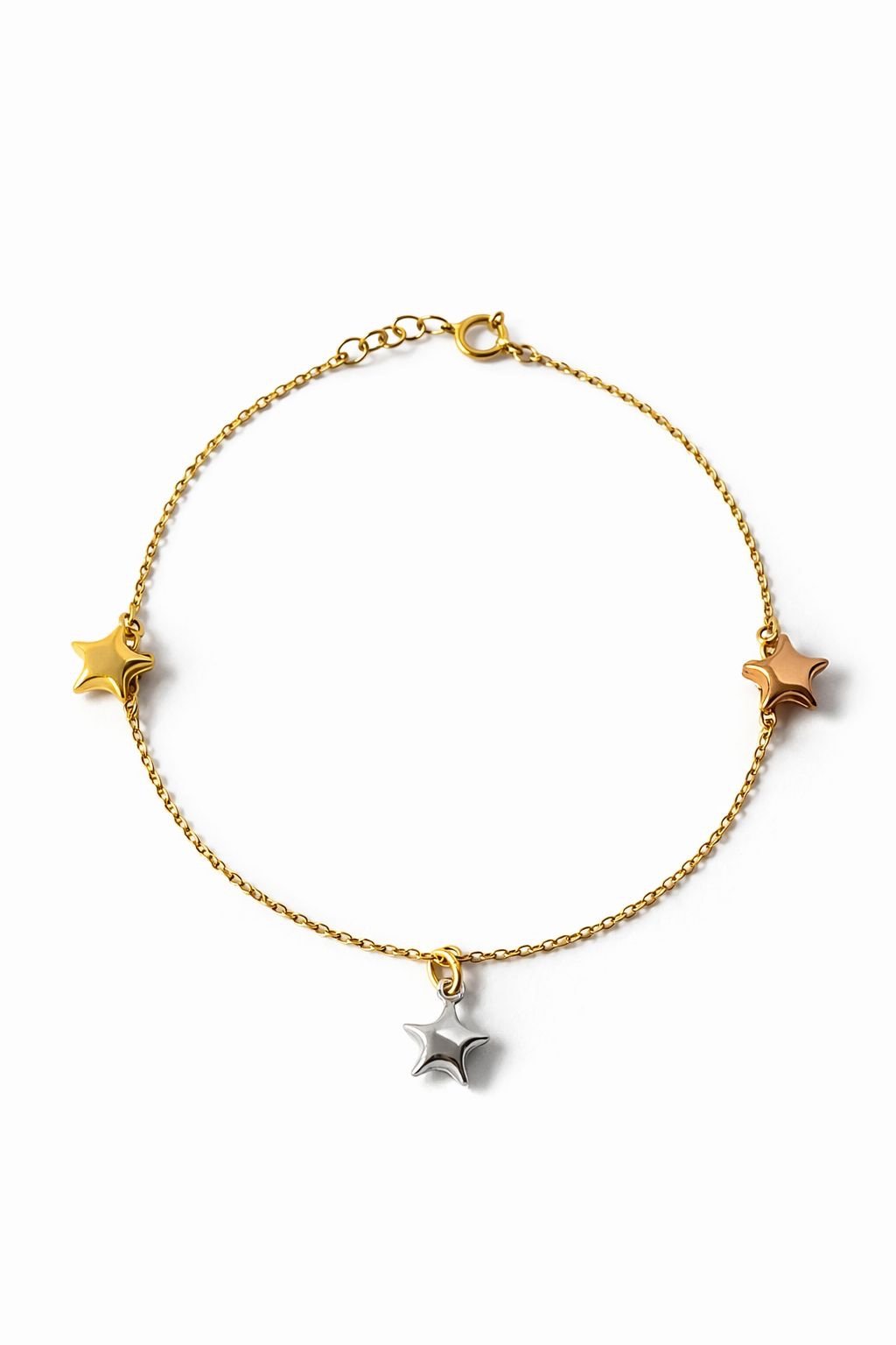 Bracelet à breloques d’or 18k, étoiles trois tons, 17-19cm, 2.82g image 0