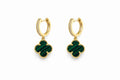 Boucles d’oreilles pendantes d’or 18k, pierre verte « malachite » trèfles 2.91g image 0