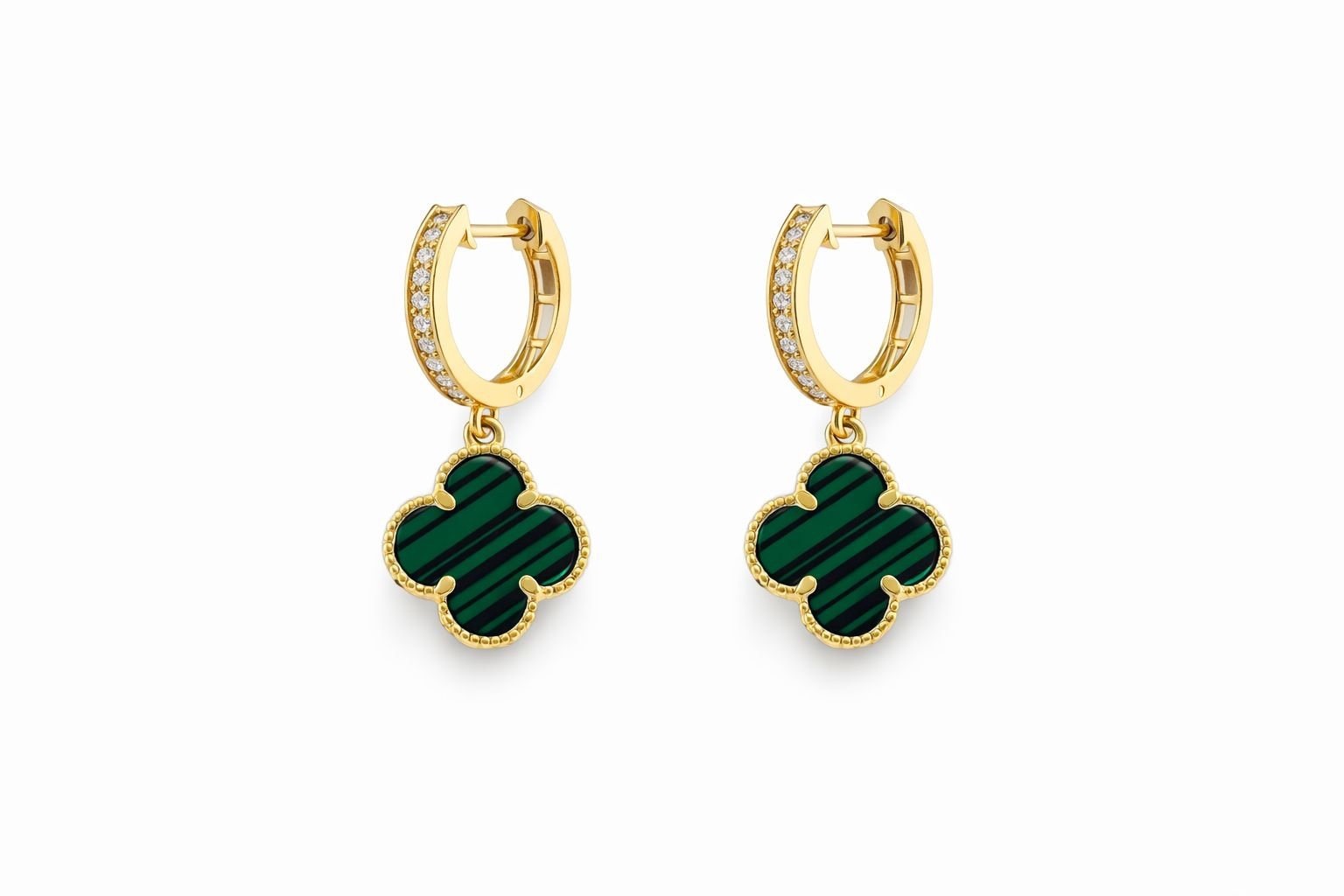 Boucles d’oreilles pendantes d’or 18k, pierre verte « malachite » trèfles 2.91g image 0