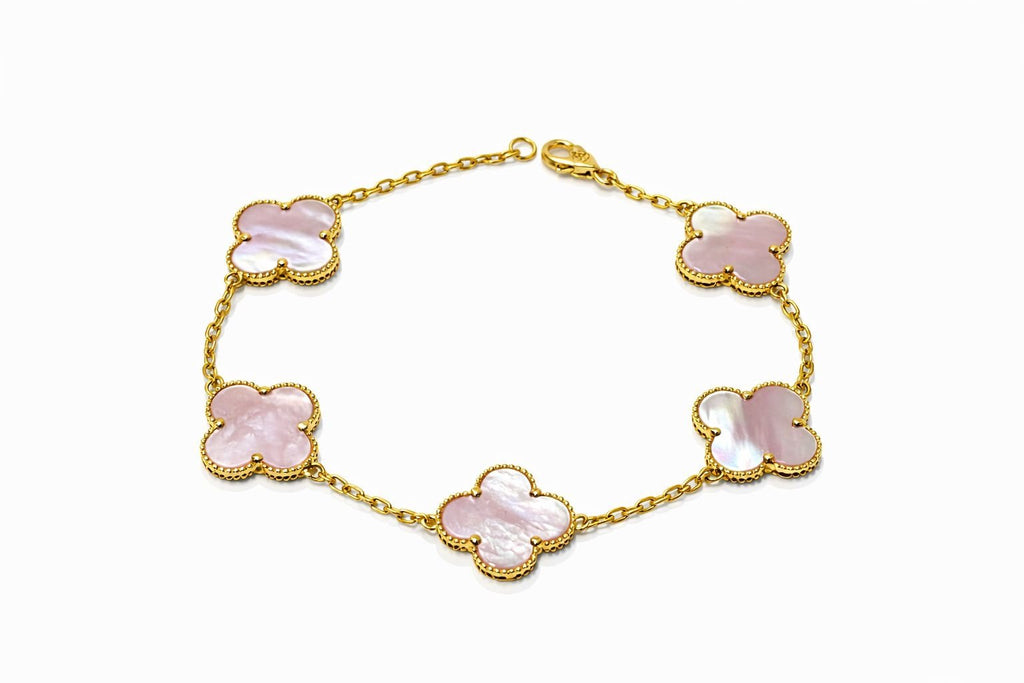 Bracelet d’or 18k, trèfles roses nacrées en calcédoine, tailles de 12mm, 18-19cm, 4.55g image 0